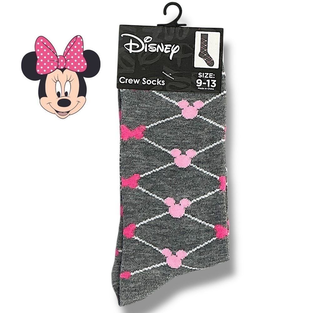 Disney Minnie Mouse Crew Socks Novelty Casual Pink Gray Adult 9-13 One Size